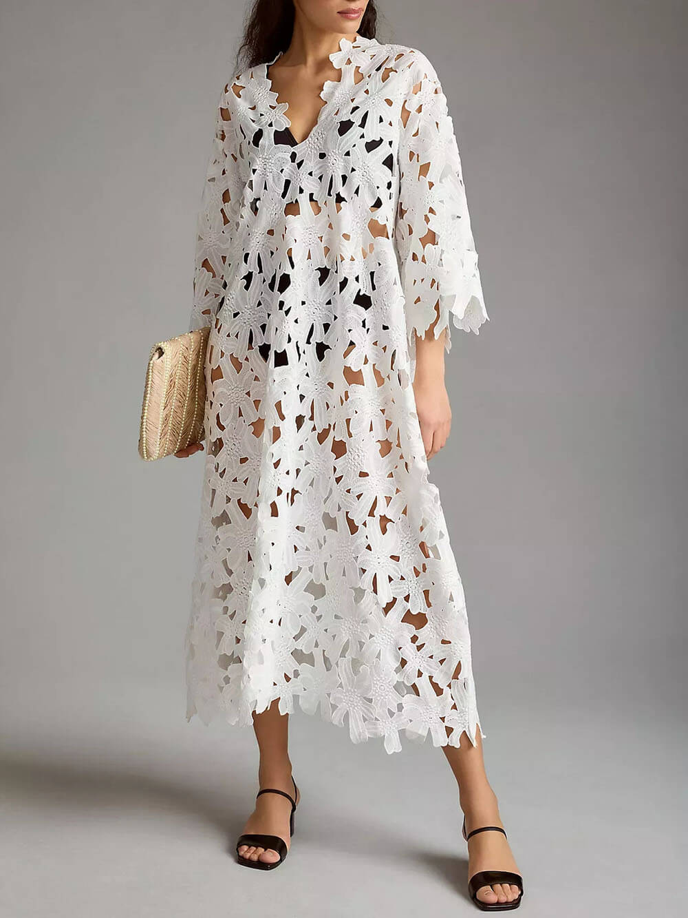 Raquel - Robe midi à manches longues à oeillets floraux