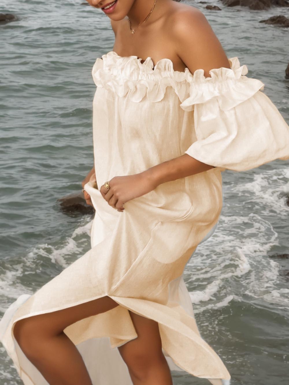 Giselle - Robe midi à épaule chic off