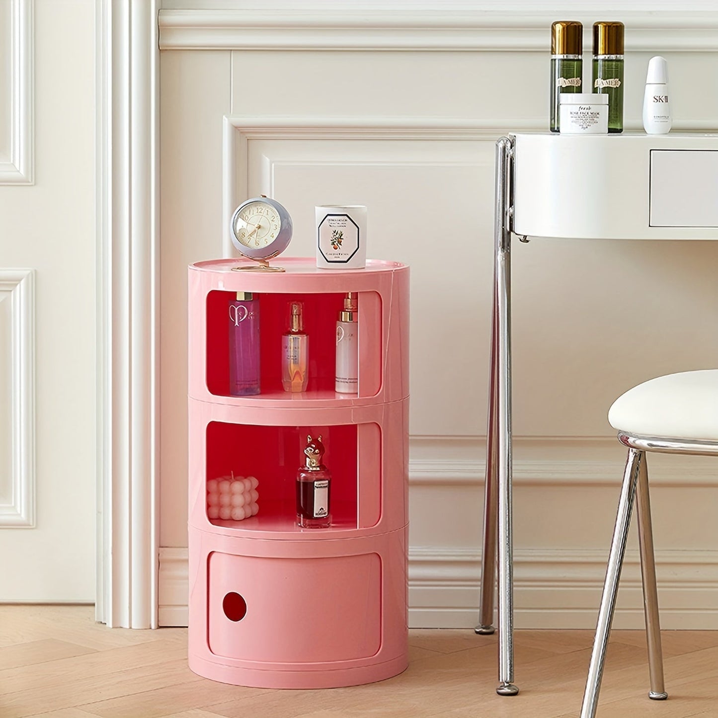Table de nuit ronde moderne avec rangement multicouche – Parfaite pour la chambre à coucher et le salon