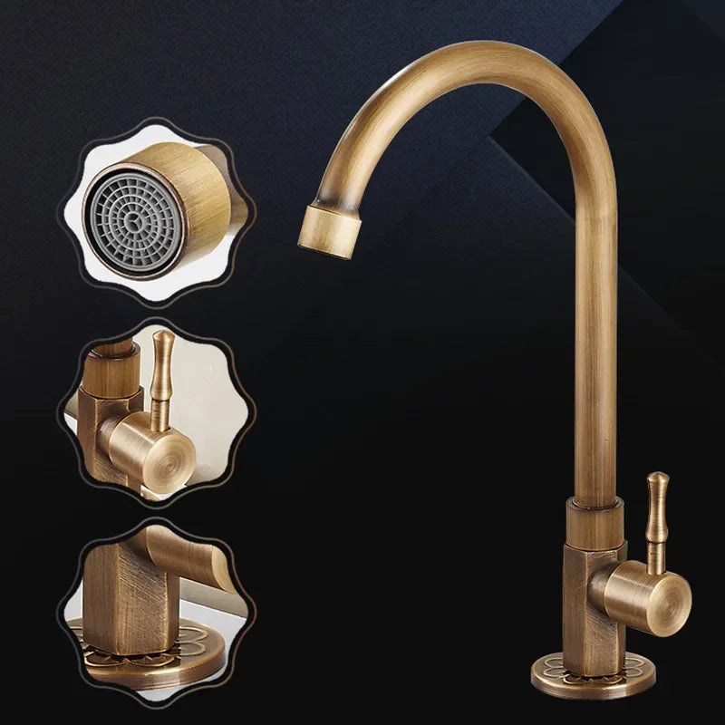 Robinet de cuisine antique en laiton – Col de cygne classique pour eau froide