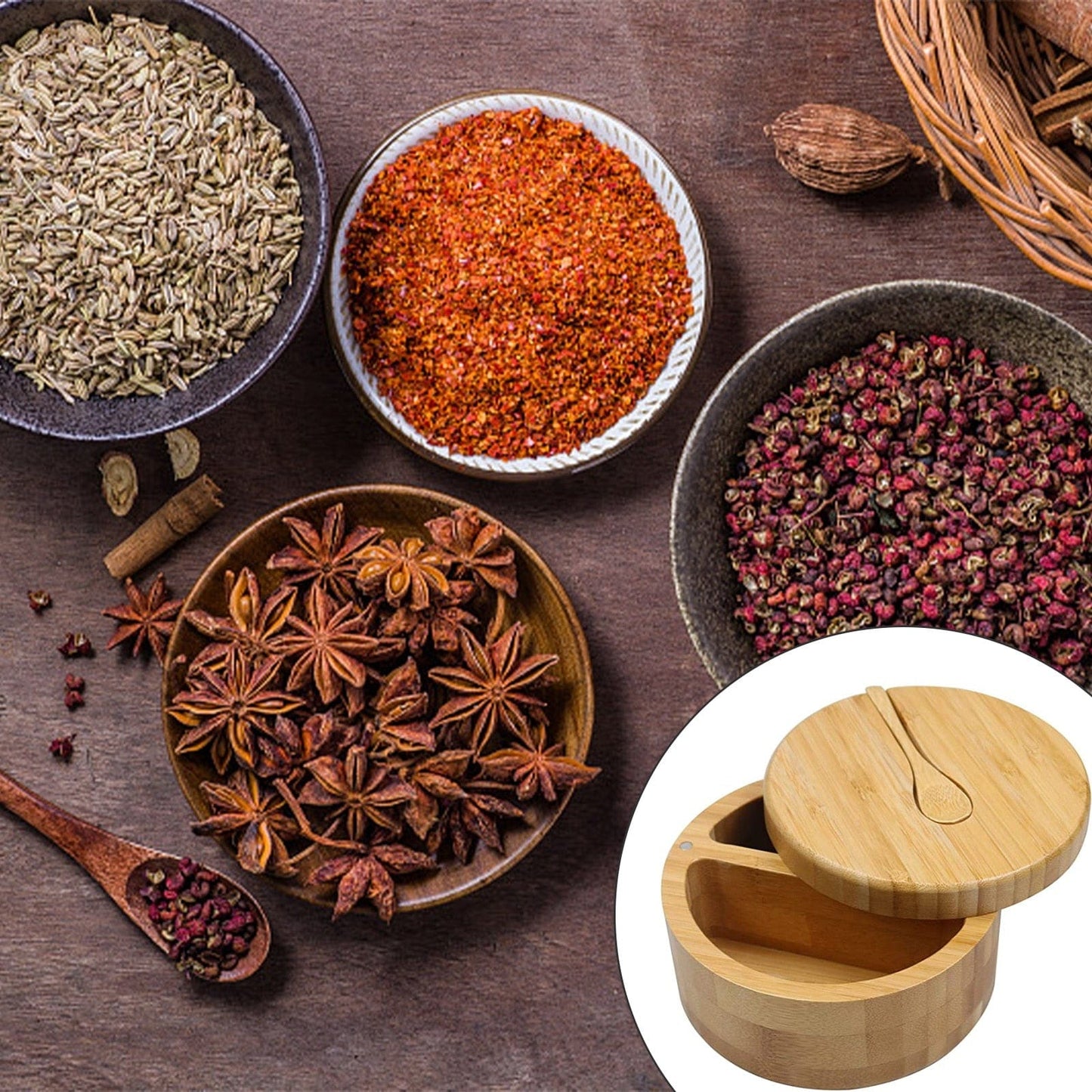 Organisateur d'épices en bambou à deux compartiments – Rangement de cuisine compact et élégant
