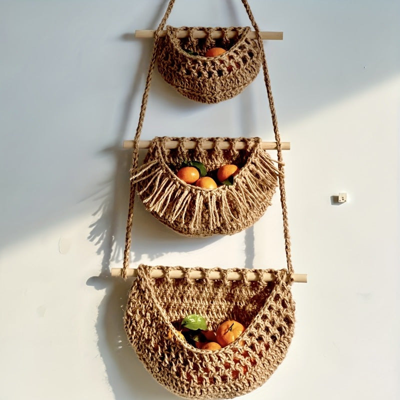 Sac de rangement suspendu Boho – Organisateur tressé à 3 couches pour la cuisine et la maison