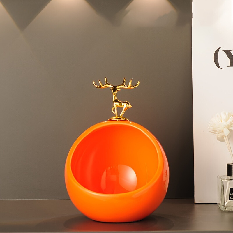 DeerBox Bol de rangement en céramique - Bol décoratif moderne avec couvercle en métal au design de cerf