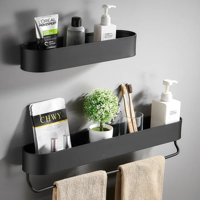 Étagère de salle de bain noire élégante avec porte-serviettes et panier de douche | Durable et gain de place