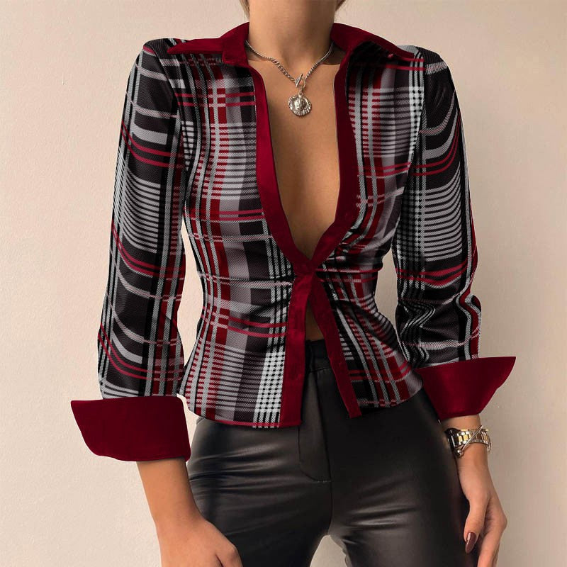 Silvia | Blouse en patchwork à manches longues en cuir PU à décolleté en V imprimé