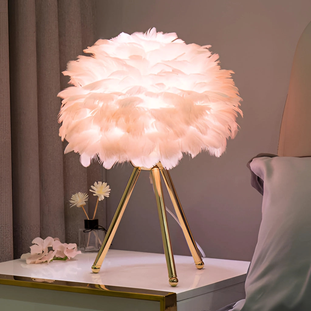 Lampe de table LED en plumes – Lumière dimmable, design luxueux pour le salon