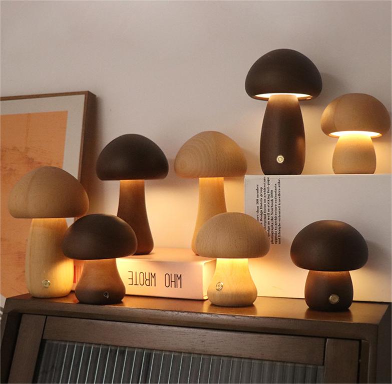 Lampe de Table Champignon en Bois Sans Fil – Éclairage LED Portable et Durable pour Chambre ou Salon