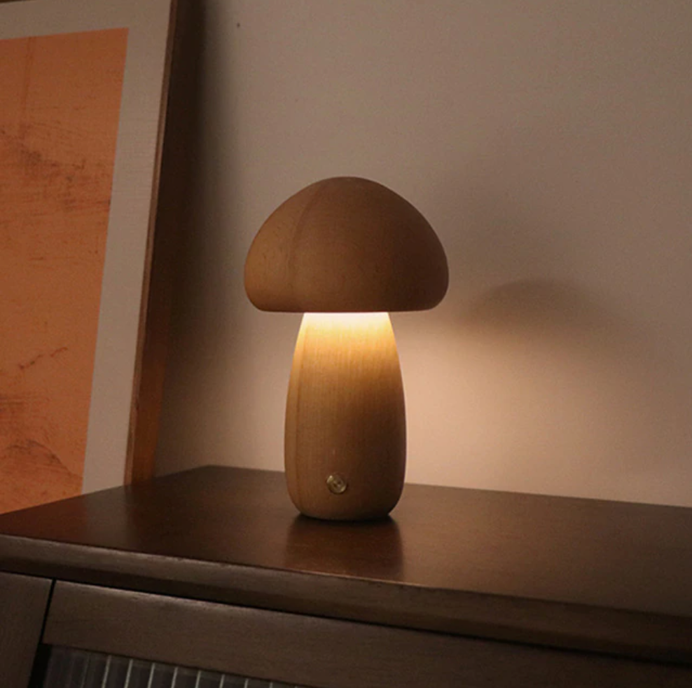Lampe de Table Champignon en Bois Sans Fil – Éclairage LED Portable et Durable pour Chambre ou Salon