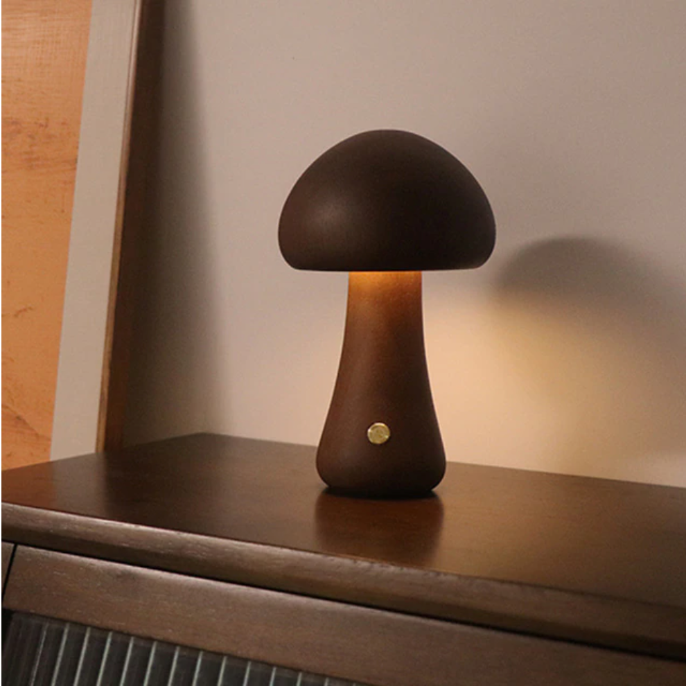 Lampe de Table Champignon en Bois Sans Fil – Éclairage LED Portable et Durable pour Chambre ou Salon