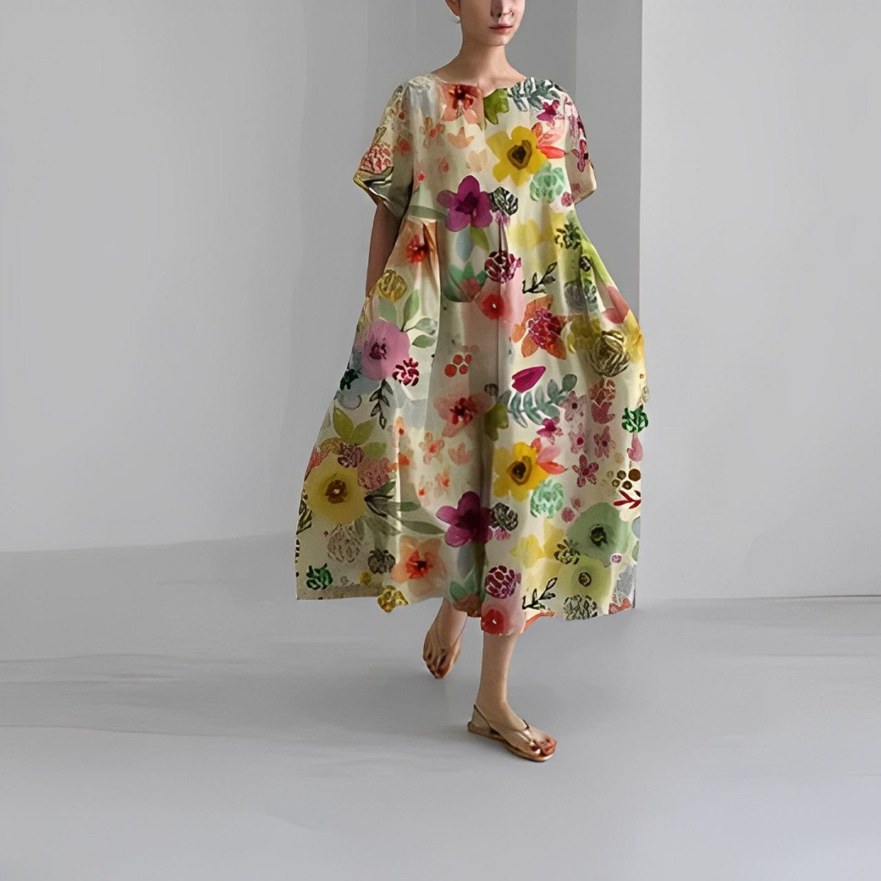 Robe Florale Confortable en Polyester – Femme – Rose