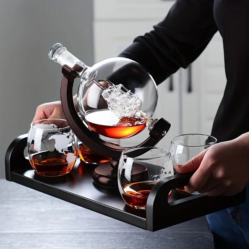 Ensemble de Décanteurs Globe Exquis – Décanteur de Whisky élégant en forme de globe terrestre avec support en bois