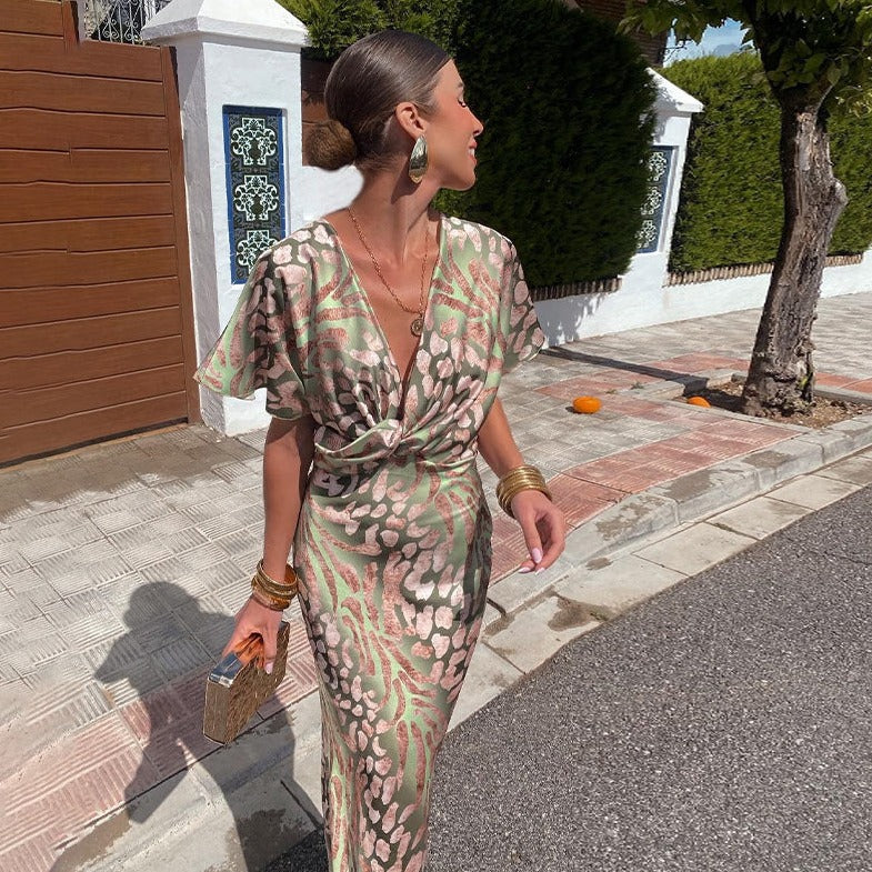 Robe Longue à Col en V Torsadé – Femme – Roxane
