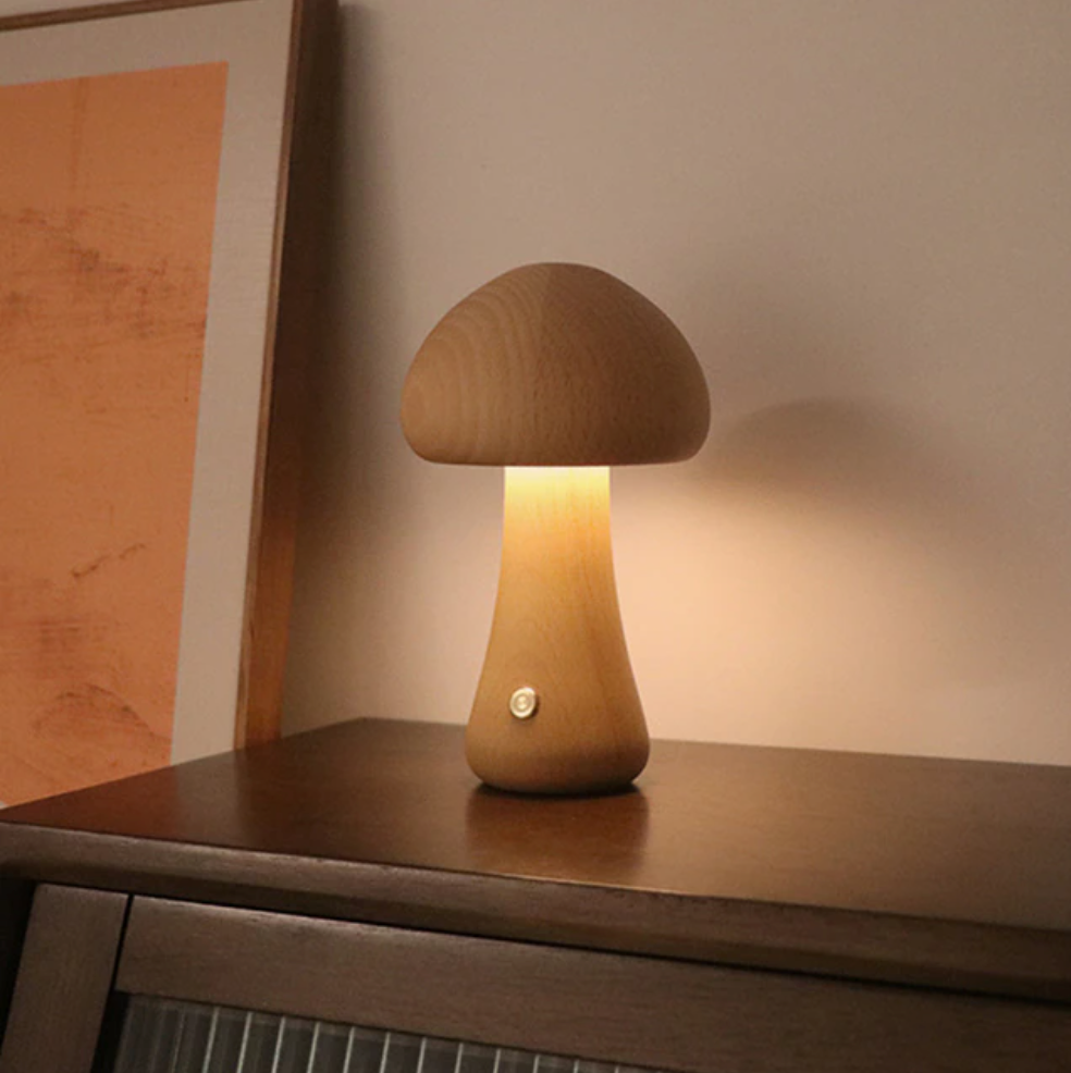 Lampe de Table Champignon en Bois Sans Fil – Éclairage LED Portable et Durable pour Chambre ou Salon
