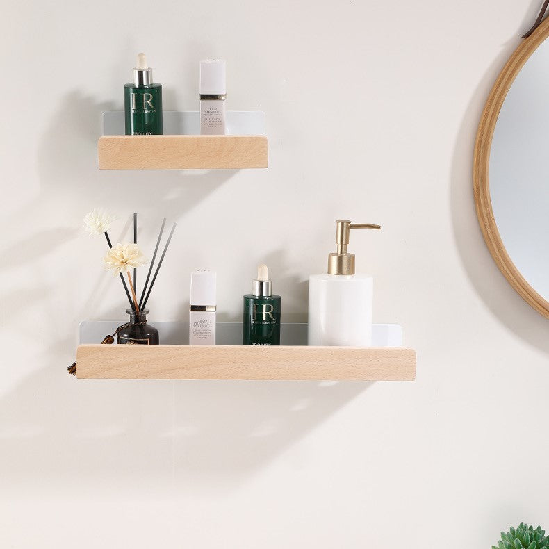 Étagère de douche murale – Pas besoin de percer – Rangement pour salle de bain – Accents en bois – Design gain de place
