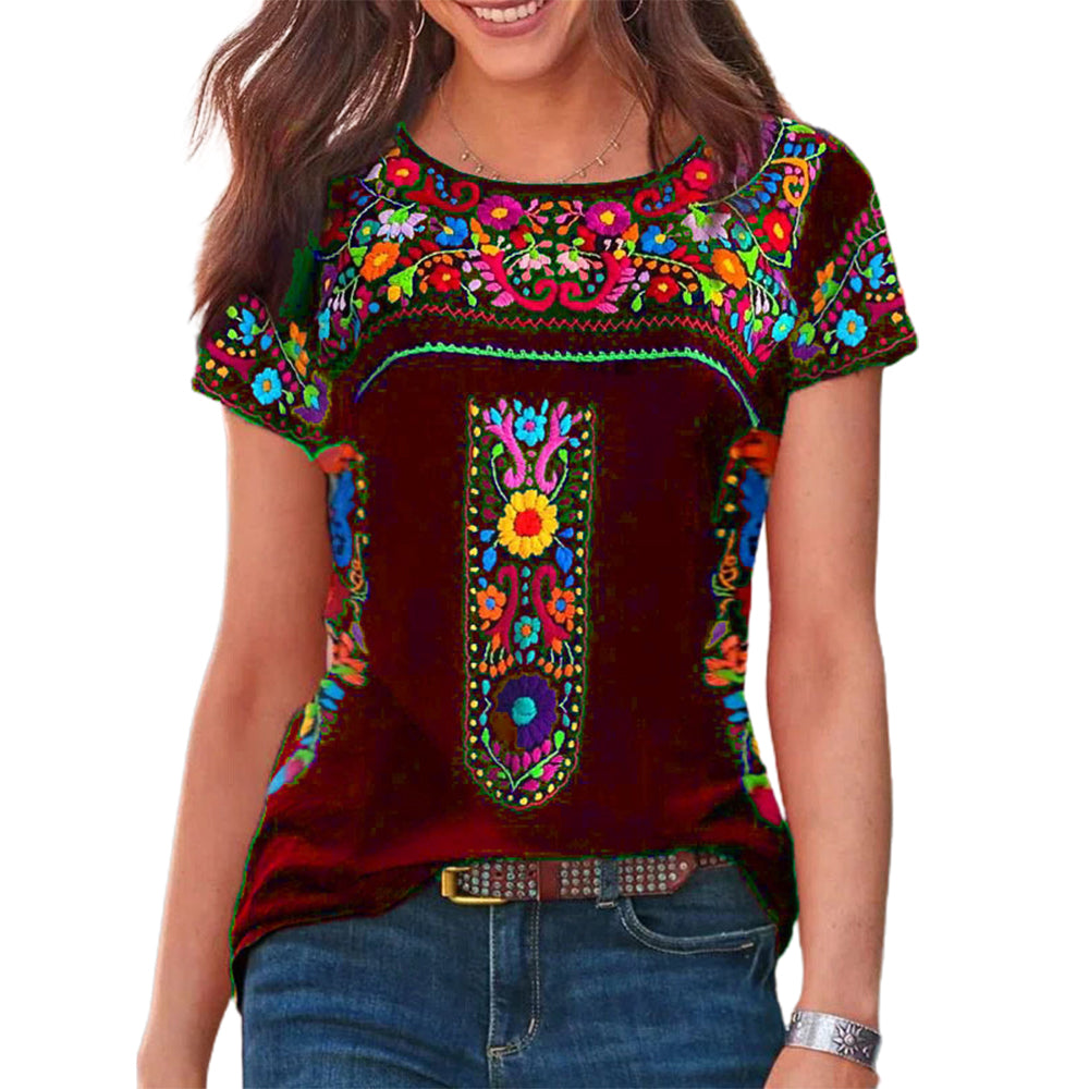 T-shirt bohème avec broderie colorée et motif floral