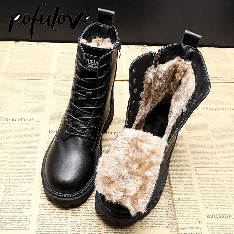 Bottes en Cuir PU avec Fourrure pour Femmes