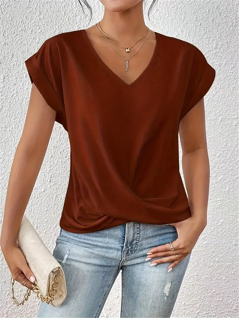 T-shirt drapé avec col en V et manches avalées