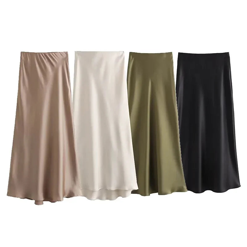 Jupe Longue Femme Élastique Taille Haute Satin A-Line Élégante et Confortable