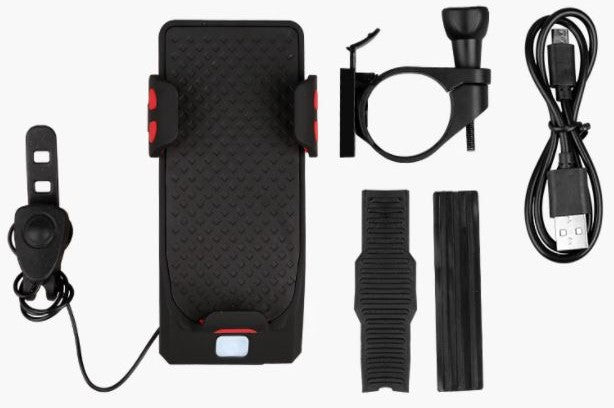 Gadget multifonctionnel 4-en-1 pour vélo avec support de téléphone, batterie externe, lumière LED et klaxon