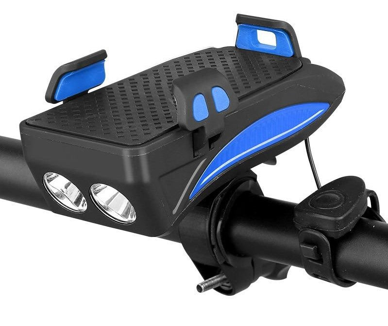 Gadget multifonctionnel 4-en-1 pour vélo avec support de téléphone, batterie externe, lumière LED et klaxon