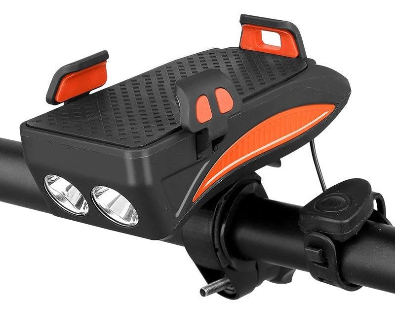 Gadget multifonctionnel 4-en-1 pour vélo avec support de téléphone, batterie externe, lumière LED et klaxon