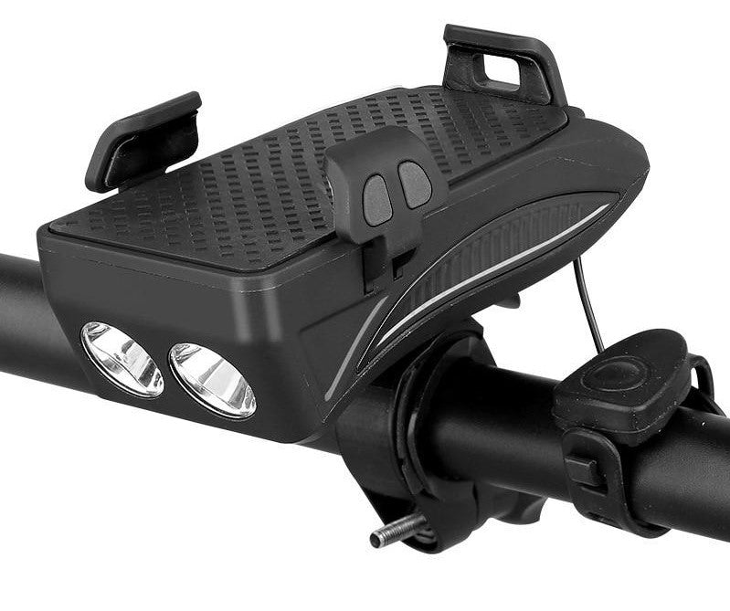 Gadget multifonctionnel 4-en-1 pour vélo avec support de téléphone, batterie externe, lumière LED et klaxon