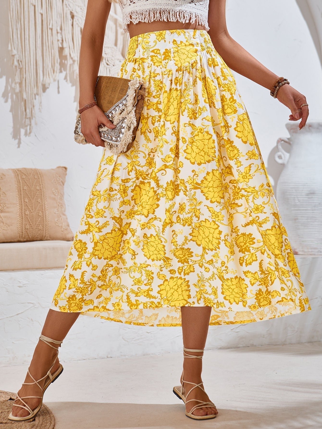 Jupe Longue Femme Imprimé Floral Été Tissu Léger Taille S à XL