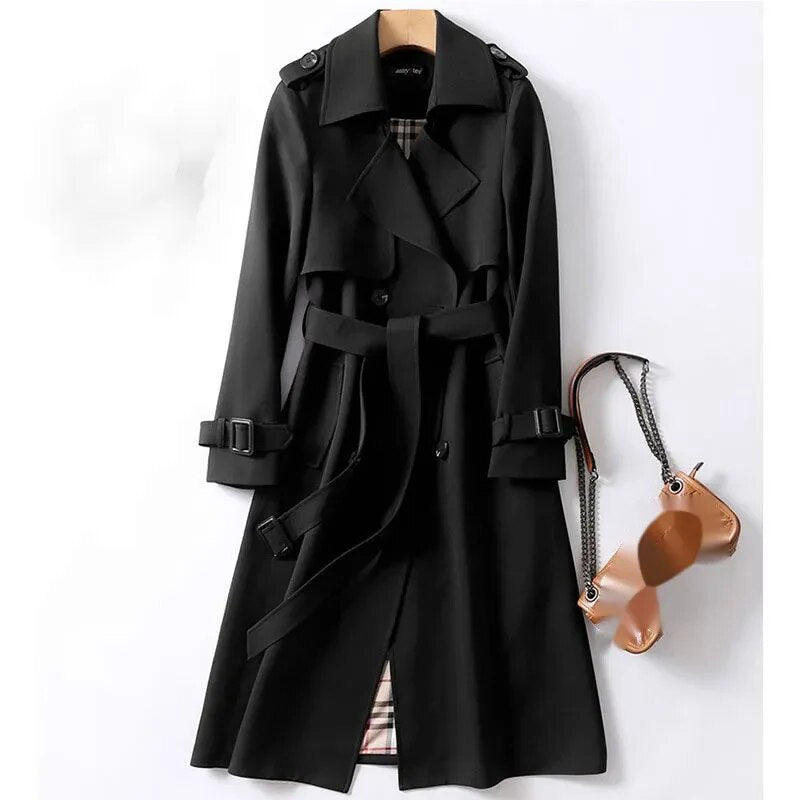 Trench Long Trench Classic pour femmes - Veste à double ligne avec ceinture