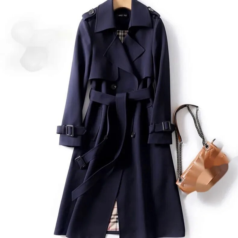 Trench Long Trench Classic pour femmes - Veste à double ligne avec ceinture