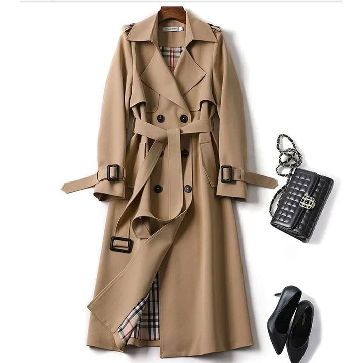 Trench Long Trench Classic pour femmes - Veste à double ligne avec ceinture