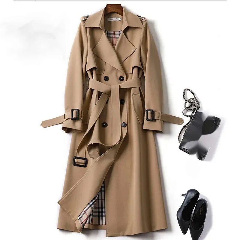 Trench Long Trench Classic pour femmes - Veste à double ligne avec ceinture
