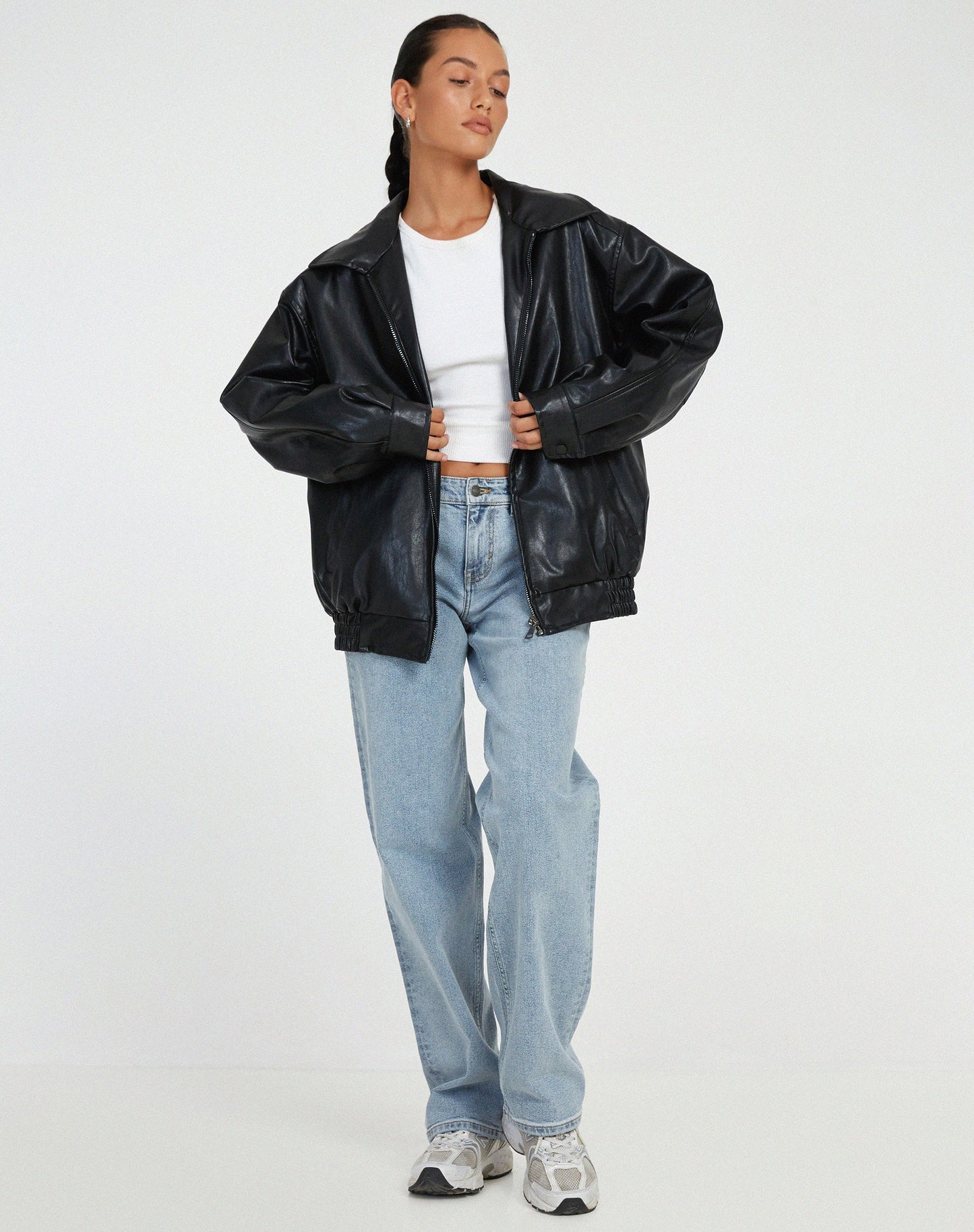 Veste en cuir artificiel surdimensionné pour dames - Bomber décontractée avec fermeture éclair