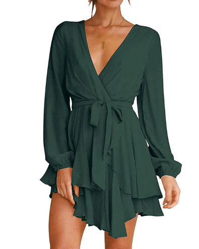 Robe Élégante à Décolleté en V et Manches Lanternes pour Femmes