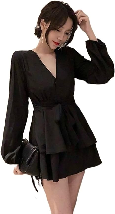 Robe Élégante à Décolleté en V et Manches Lanternes pour Femmes