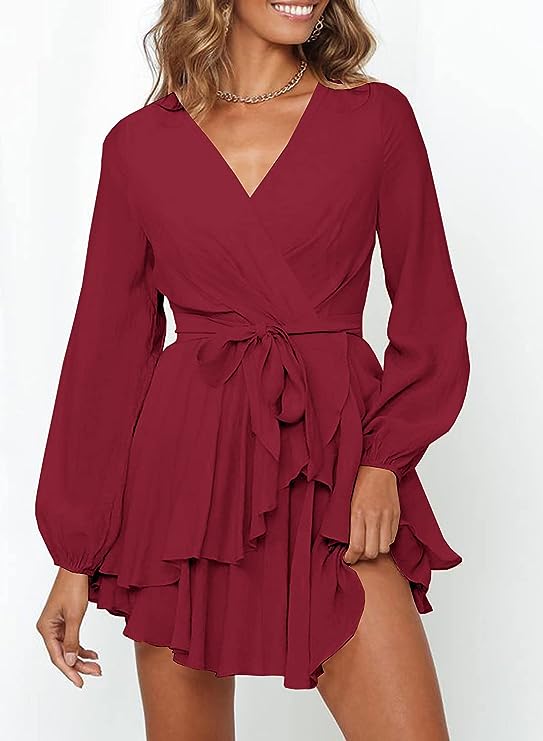 Robe Élégante à Décolleté en V et Manches Lanternes pour Femmes
