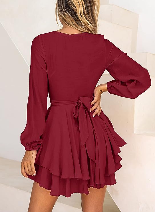 Robe Élégante à Décolleté en V et Manches Lanternes pour Femmes