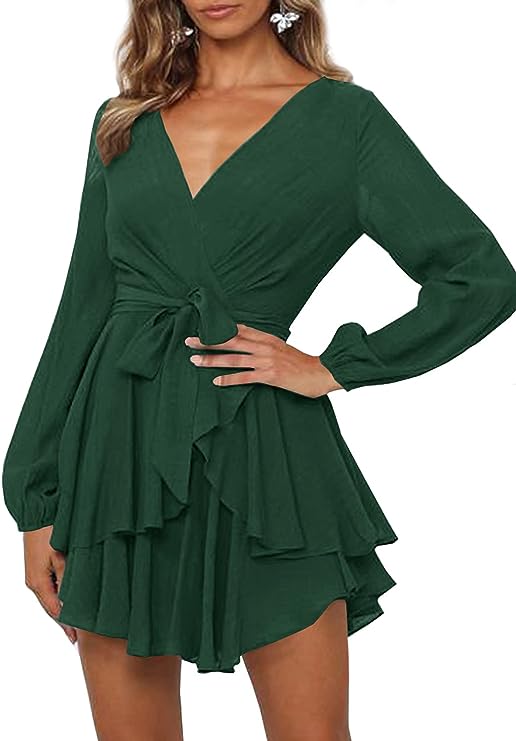 Robe Élégante à Décolleté en V et Manches Lanternes pour Femmes