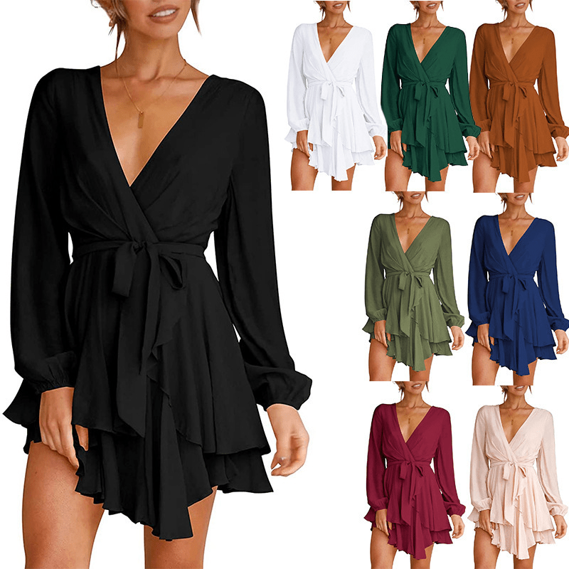 Robe Élégante à Décolleté en V et Manches Lanternes pour Femmes