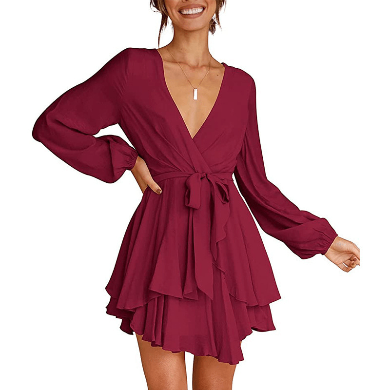 Robe Élégante à Décolleté en V et Manches Lanternes pour Femmes