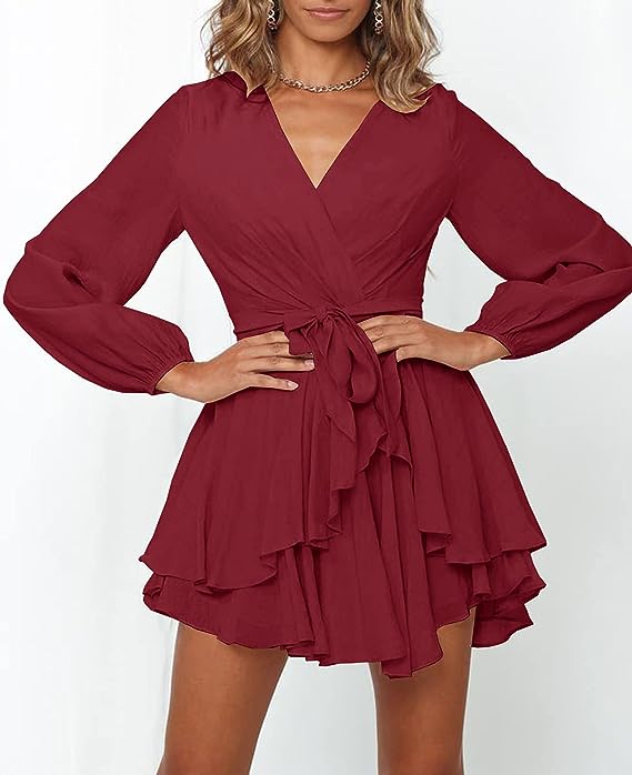 Robe Élégante à Décolleté en V et Manches Lanternes pour Femmes