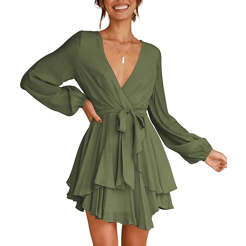 Robe Élégante à Décolleté en V et Manches Lanternes pour Femmes