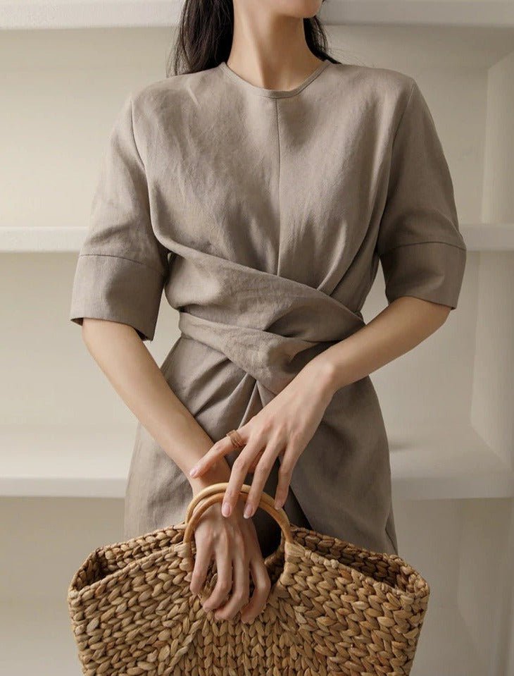 Robe Élégante en Lin Kaki pour Femmes