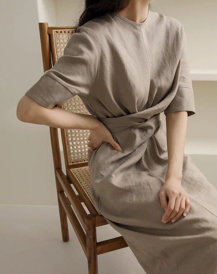 Robe Élégante en Lin Kaki pour Femmes