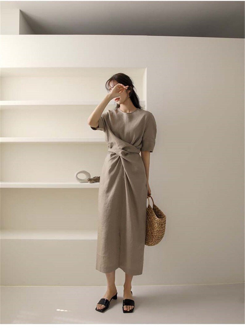Robe Élégante en Lin Kaki pour Femmes