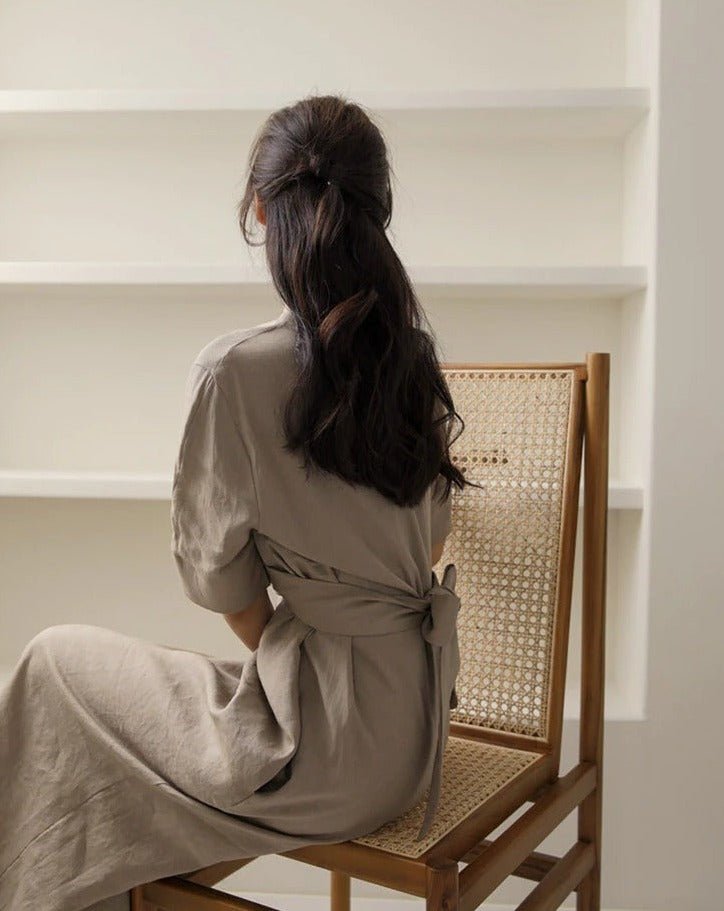 Robe Élégante en Lin Kaki pour Femmes