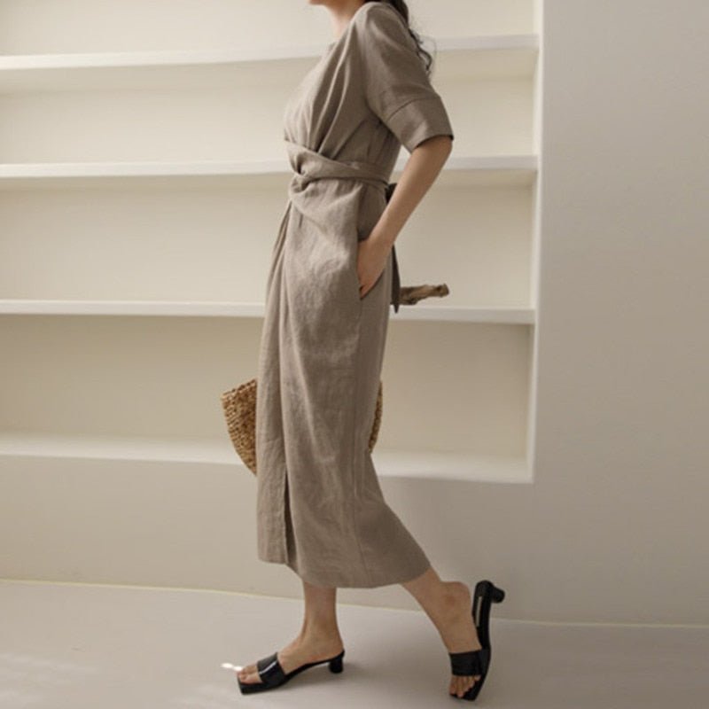Robe Élégante en Lin Kaki pour Femmes