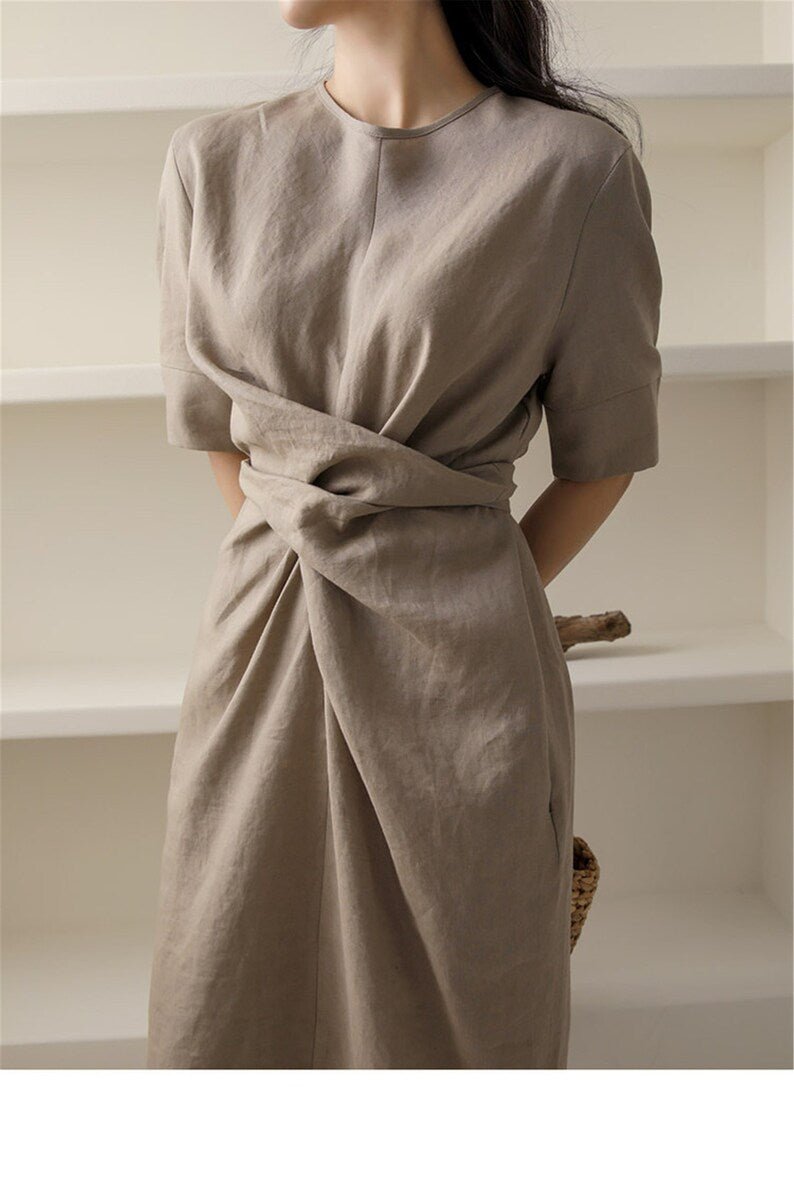 Robe Élégante en Lin Kaki pour Femmes