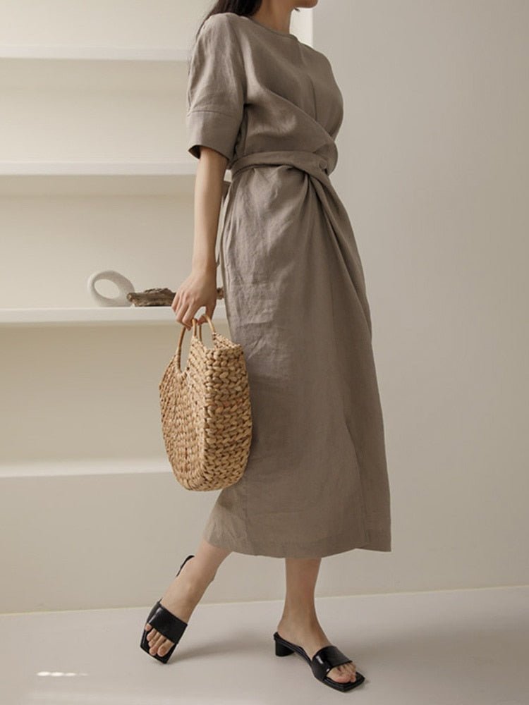 Robe Élégante en Lin Kaki pour Femmes