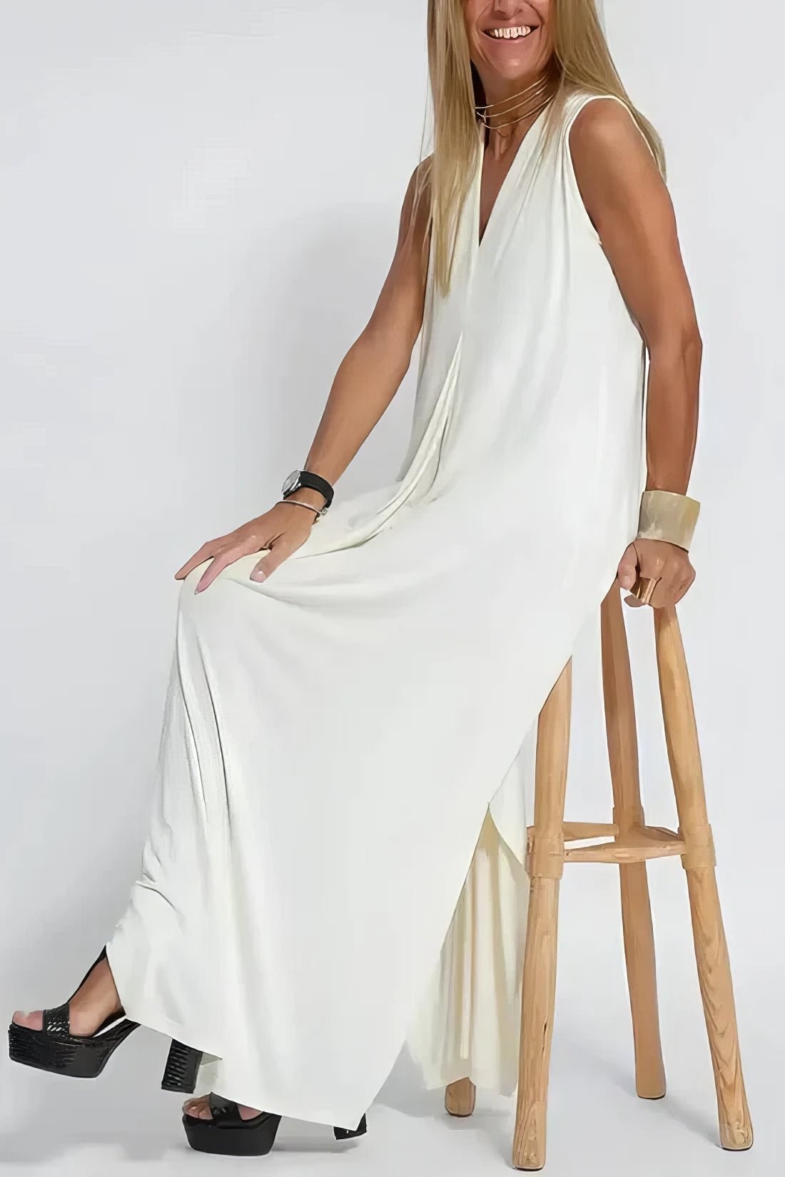 Robe Longue Col V Sans Manches avec Cardigan Assorti – Style Décontracté Élégant