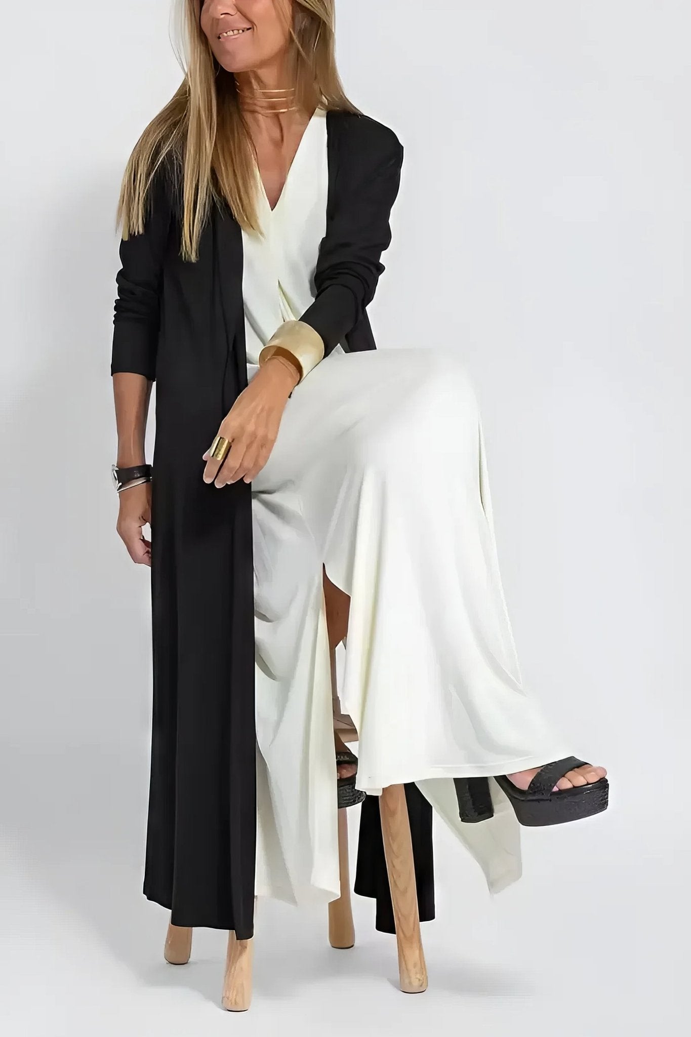Robe Longue Col V Sans Manches avec Cardigan Assorti – Style Décontracté Élégant